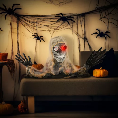 Halloween dekoráció, egyszemű múmia, hajlékony karok, világító szemek, hátborzongató üvöltés, 55x18x35 cm