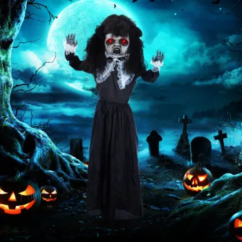   Horrorbaba, halloweeni dekoráció, hátborzongató hang és zene, vörös szemek, mozgatható, 160 cm
