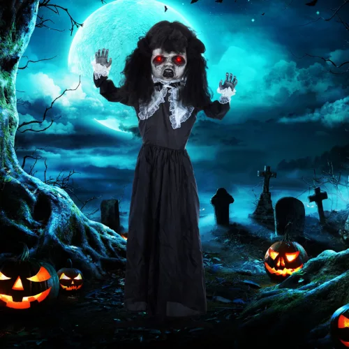 Horrorbaba, halloweeni dekoráció, hátborzongató hang és zene, vörös szemek, mozgatható, 160 cm