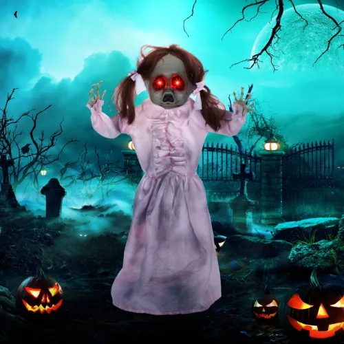 Horrorbaba, halloweeni dekoráció, hanggal/érintéssel aktiválható, vörös szemek, hang, 76 cm