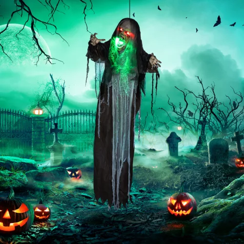 Zöld szörnyeteg, halloweeni dekoráció, hátborzongató hangeffektek, vörös szemek, mozgatható, 183 cm
