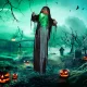 Zöld szörnyeteg, halloweeni dekoráció, hátborzongató hangeffektek, vörös szemek, mozgatható, 183 cm