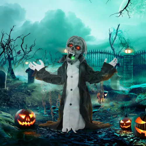 Halloween dekoráció, csontváz/zombi, mozgatható, mozgásérzékelő, LED-ek és hangok, 75 cm