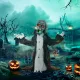 Halloween dekoráció, csontváz/zombi, mozgatható, mozgásérzékelő, LED-ek és hangok, 75 cm