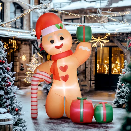 Mézeskalács ember cukorpálcával, 2,45 m magas, felfújható, fehér LED világítással, 170 x 100 x 245 cm