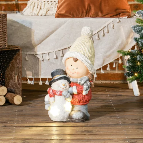  Wichtel mit Schneemann, Gartenzwerg, 4 LEDs, batteriebetrieben, 25 x 18 x 45,5 cm
