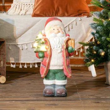    Weihnachtsmannfigur mit Baum und Geschenk, 3 warmweiße LEDs, batteriebetrieben, 50 cm