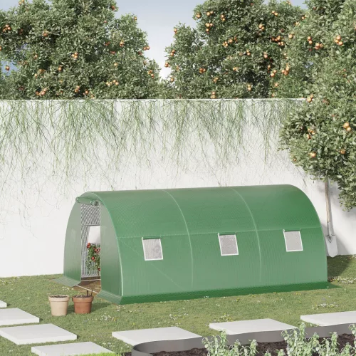 Bejárható fóliasáteres üvegház, 4,5 x 3 m, 6 ablakkal, fagyvédelemmel, acélcső, sötétzöld