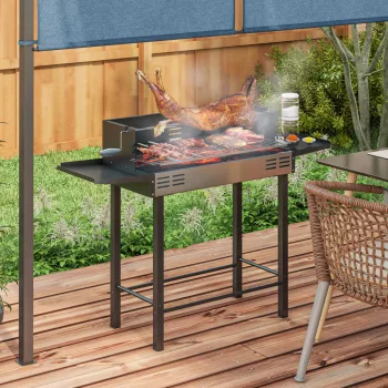   Faszenes BBQ grillsütő, állítható grillráccsal, 1 forgónyárssal, 118 x 32 x 90 cm, fekete + ezüst