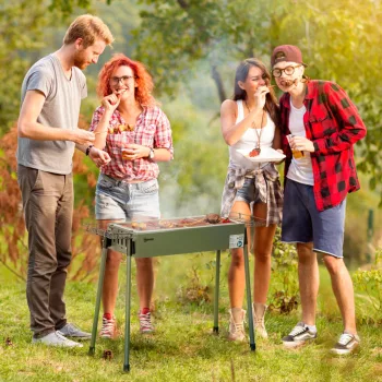   Faszenes grill, 2x grillrács, 1x faszenes rostély, 2x oldalsó kosár, rozsdamentes acél, sötétzöld, 94 x 39 x 70 cm
