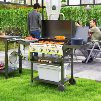   Gázgrill, BBQ grill, 4 fő égő, 1 oldalsó égő, 1 melegítőlap; 135 x 55 x 103 cm, fekete