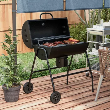   Fém faszenes grillsütő BBQ füstölővel fedéllel, hőmérővel, kerekekkel, grillkocsival, 95x71,5x102 cm, fekete