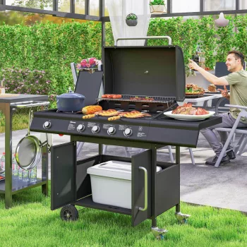   Gázgrill 15,2 KW-os grillkocsi 5 rozsdamentes acél égővel, kerekes oldalsó égővel, 129,5 x 56 x 110 cm, fekete