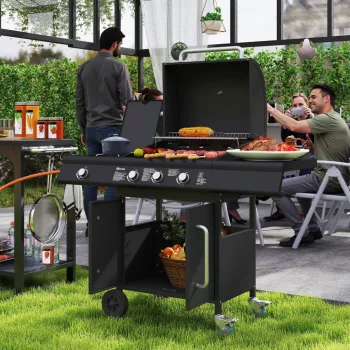   Mobil gázgrill tárolóhellyel, oldalsó asztallal, oldalsó égővel, melegen tartó ráccsal, hőmérővel, rozsdamentes acél, fekete