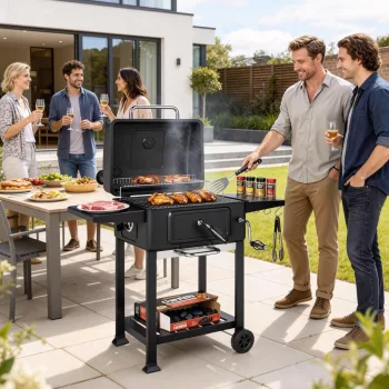   Faszenes grill BBQ füstölő fedővel, hőmérővel, állítható magasságú, faszén serpenyővel, kéménysel, grillráccsal, oldalsó asztallal, hamutartóval