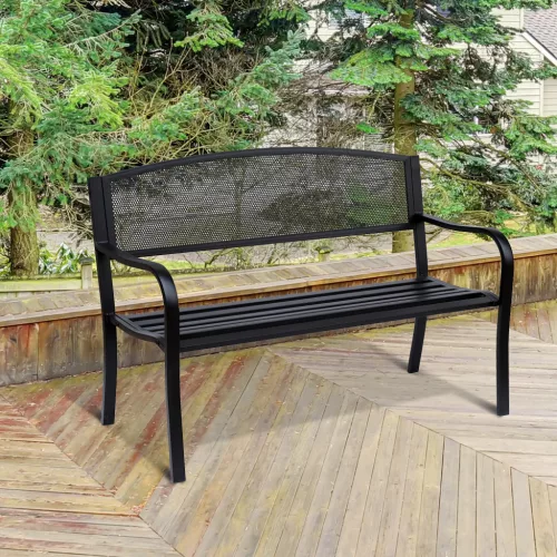 Kerti pad, parkpad, 2 személyes, acél, fekete, 127 x 60 x 87 cm