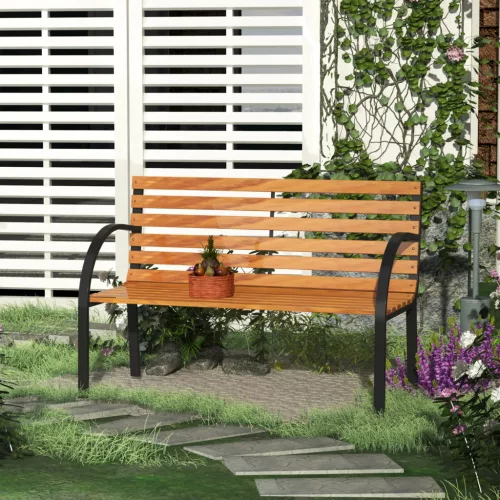 Kerti pad, parkpad, 2 személyes, kerti, acél + fenyőfa, natúr, 122 x 60 x 83 cm