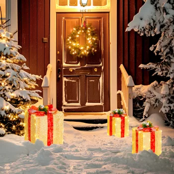    3-teiliges Weihnachts-Geschenkboxen-Set für Innen- und Außendekoration, mit 58 LED-Lichtern, Goldton