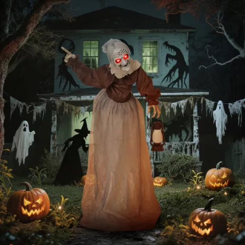 150 cm-es Halloween dekoráció, Halloween boszorkány LED fényekkel, hangfunkcióval, állítható karokkal és fejjel