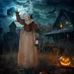 150 cm-es Halloween dekoráció, Halloween boszorkány LED fényekkel, hangfunkcióval, állítható karokkal és fejjel