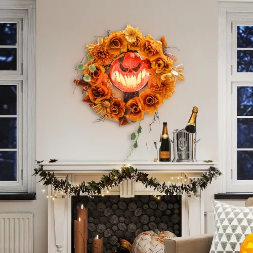 Halloween koszorú, hátborzongató tök dizájn, őszi levelek, fényeffektek, műanyag