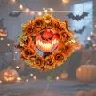 Halloween koszorú, hátborzongató tök dizájn, őszi levelek, fényeffektek, műanyag