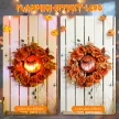 Halloween koszorú, hátborzongató tök dizájn, őszi levelek, fényeffektek, műanyag