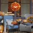 Halloween koszorú, hátborzongató tök dizájn, őszi levelek, fényeffektek, műanyag