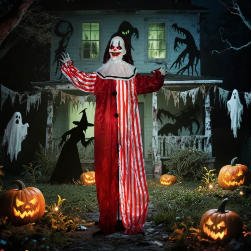 165 cm-es Halloween dekoráció Halloween bohóc LED fényekkel, hangfunkcióval és testeffektussal