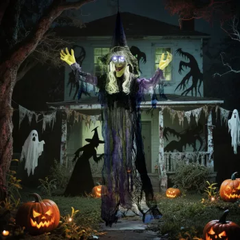   183 cm-es Halloween dekoráció, függő Halloween boszorkány LED fényekkel, hangfunkcióval, állítható karokkal, szájjal