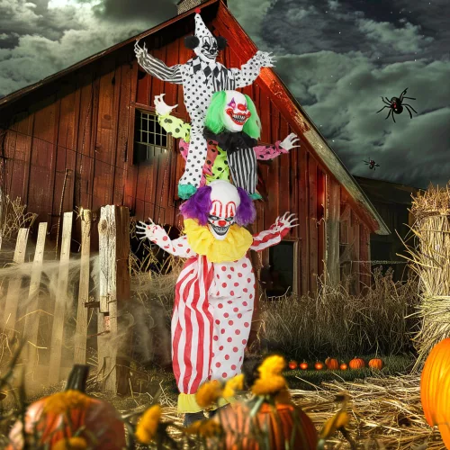 Rakásolható halloweeni animatronikus bohócok izzó vörös szemekkel beltéri partikelléknek