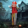 Ijesztő bohóc, Halloween animatronikus, 173 cm, világító szemek, hangaktiválás, mozgatható karok és fej, elemes, műanyag, fém, piros