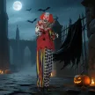 Ijesztő bohóc, Halloween animatronikus, 173 cm, világító szemek, hangaktiválás, mozgatható karok és fej, elemes, műanyag, fém, piros