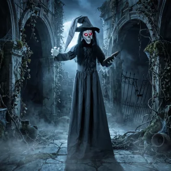   180 cm-es Halloween animált boszorkánydekoráció életnagyságban, ragyogó szemekkel, hátborzongató hanggal, érintésre aktiválható