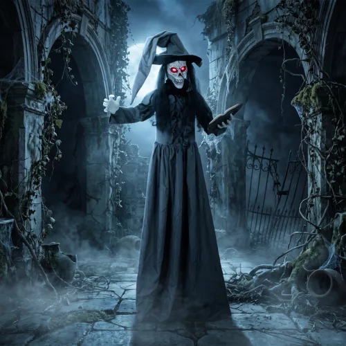 180 cm-es Halloween animált boszorkánydekoráció életnagyságban, ragyogó szemekkel, hátborzongató hanggal, érintésre aktiválható