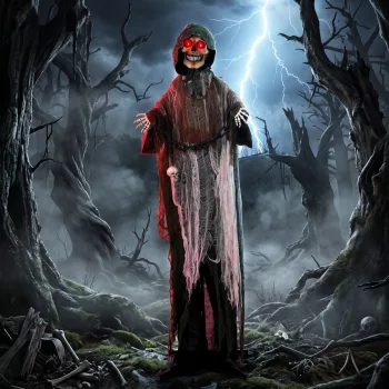   Animált Kaszás, 170 cm, életnagyságú Halloween animatronikus mozgatható kezekkel/fejjel, világító szemekkel és hátborzongató hanggal