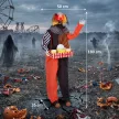 Animált halloweeni pattogatott kukoricás bohóc ugráló fejjel, hátborzongató hangeffektusokkal, vidámparki zenével és ragyogó szemekkel