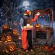 Animált halloweeni pattogatott kukoricás bohóc ugráló fejjel, hátborzongató hangeffektusokkal, vidámparki zenével és ragyogó szemekkel