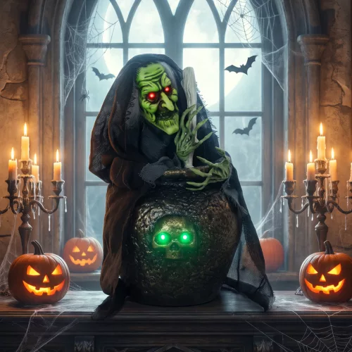 Animált halloweeni asztali boszorkány nevető hanggal, ragyogó szemekkel és hang-/érintésaktiválással