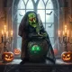 Animált halloweeni asztali boszorkány nevető hanggal, ragyogó szemekkel és hang-/érintésaktiválással