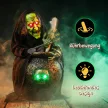 Animált halloweeni asztali boszorkány nevető hanggal, ragyogó szemekkel és hang-/érintésaktiválással