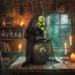 Animált halloweeni asztali boszorkány nevető hanggal, ragyogó szemekkel és hang-/érintésaktiválással