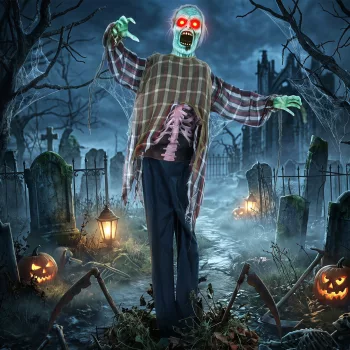   Animált halloweeni zombi, életnagyságú, 170 cm, hanggal és érintéssel aktiválható, hátborzongató dekorációval