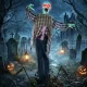 Animált halloweeni zombi, életnagyságú, 170 cm, hanggal és érintéssel aktiválható, hátborzongató dekorációval