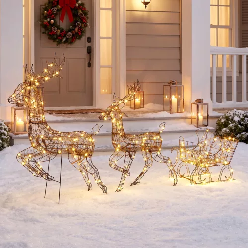 3-tlg. beleuchtetes Rentier- und Schlitten-Set, Weihnachtsdeko aus Polyrattan mit LEDs, 8 Modi, Timer