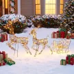 3-tlg. beleuchtetes Rentier- und Schlitten-Set, Weihnachtsdeko aus Polyrattan mit LEDs, 8 Modi, Timer