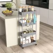 Konyhai kocsi 4 polccal, 4 rugalmas akasztóval, 4 kerékkel, 40 cm x 19 cm x 90 cm, fülkekocsi, szürke