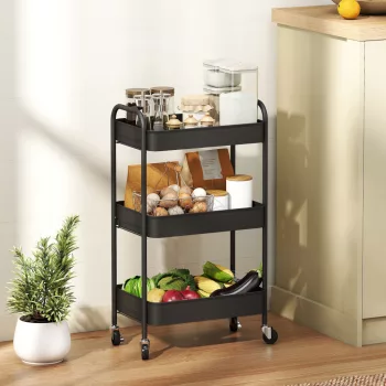    Mehrzweckwagen Rollwagen Küchenwagen, 3 Regale, 4 Rollen, 45 cm x 30,6 cm x 79 cm, Schwarz