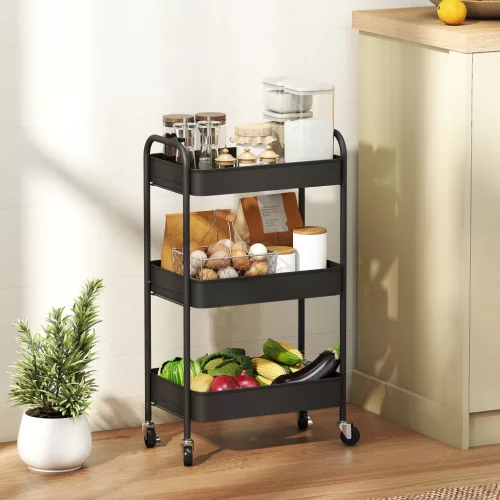  Mehrzweckwagen Rollwagen Küchenwagen, 3 Regale, 4 Rollen, 45 cm x 30,6 cm x 79 cm, Schwarz
