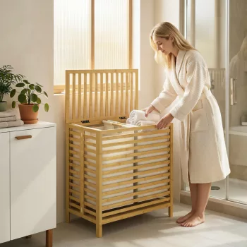   Bambusz szennyestartó kosár fedéllel, 2 kosár, összecsukható, 64 literes, natúr és krémfehér